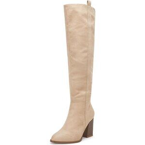 Womens Beige Faux Suede Knee High Side Zipper Chunky Heel Stretch Winter Boots